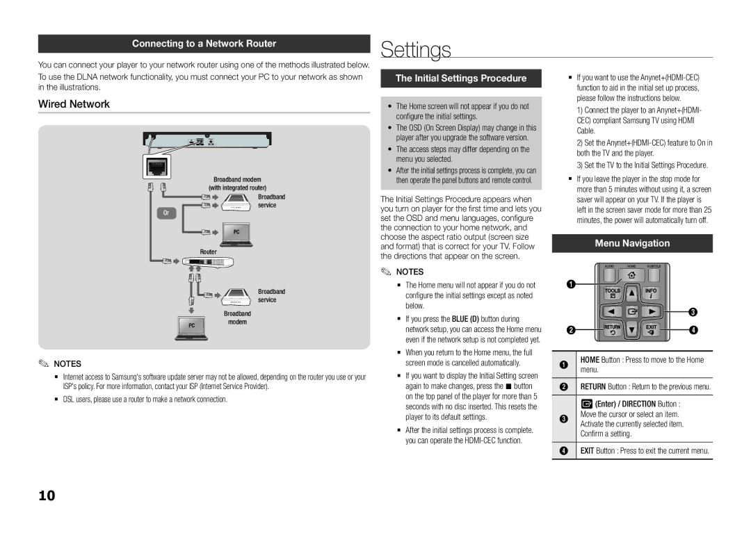 Samsung BD-F5500E/XE manual Wired Network, Connecting to a Network Router, Initial Settings Procedure, Menu Navigation 