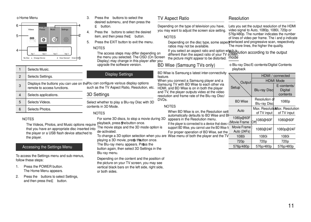 Samsung BD-F5500/XE, BD-F5500E/EN, BD-F5500/EN manual 3D Settings, TV Aspect Ratio, BD Wise Samsung TVs only, Resolution 