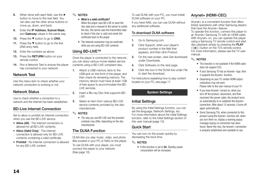 Samsung BD-F5500E/XE manual Network Test, Using BD-LIVE, Anynet+ HDMI-CEC, Network Status, BD-Live Internet Connection 