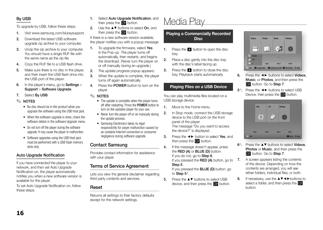 Samsung BD-F5500E/EN, BD-F5500/EN, BD-F5500E/XE, BD-F5500/XE Media Play, Contact Samsung, Terms of Service Agreement, Reset 