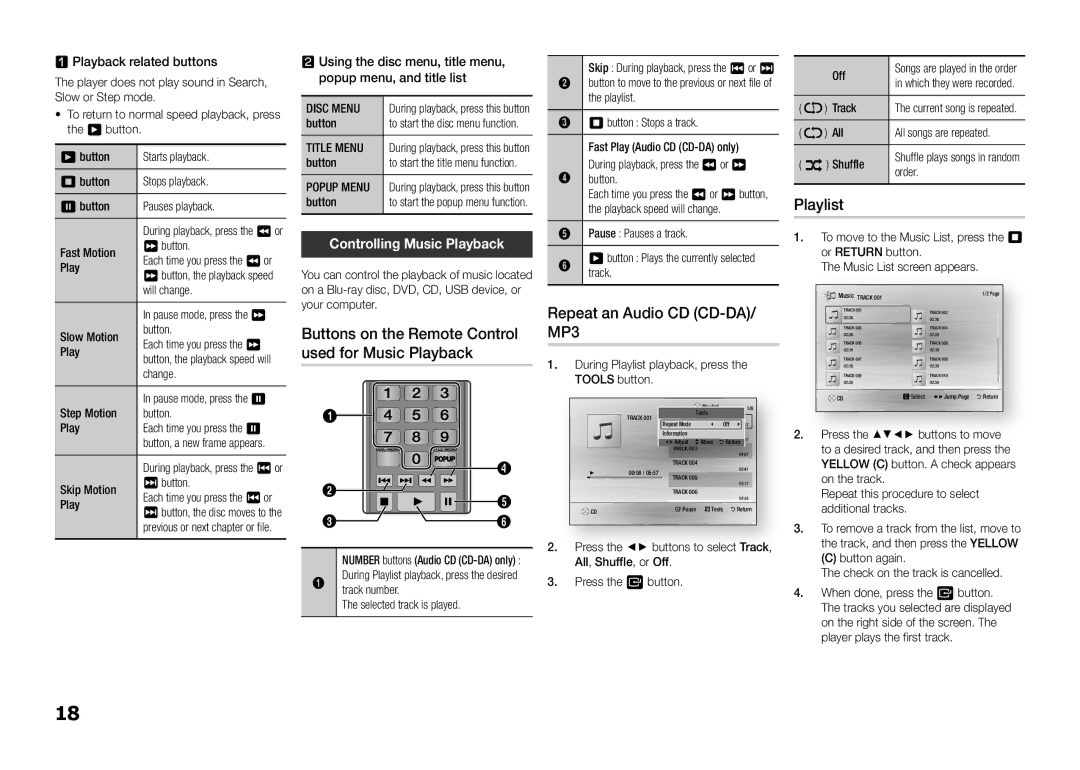 Samsung BD-F5500E/XE, BD-F5500E/EN, BD-F5500/EN manual Repeat an Audio CD CD-DA/ MP3, Playlist, Controlling Music Playback 