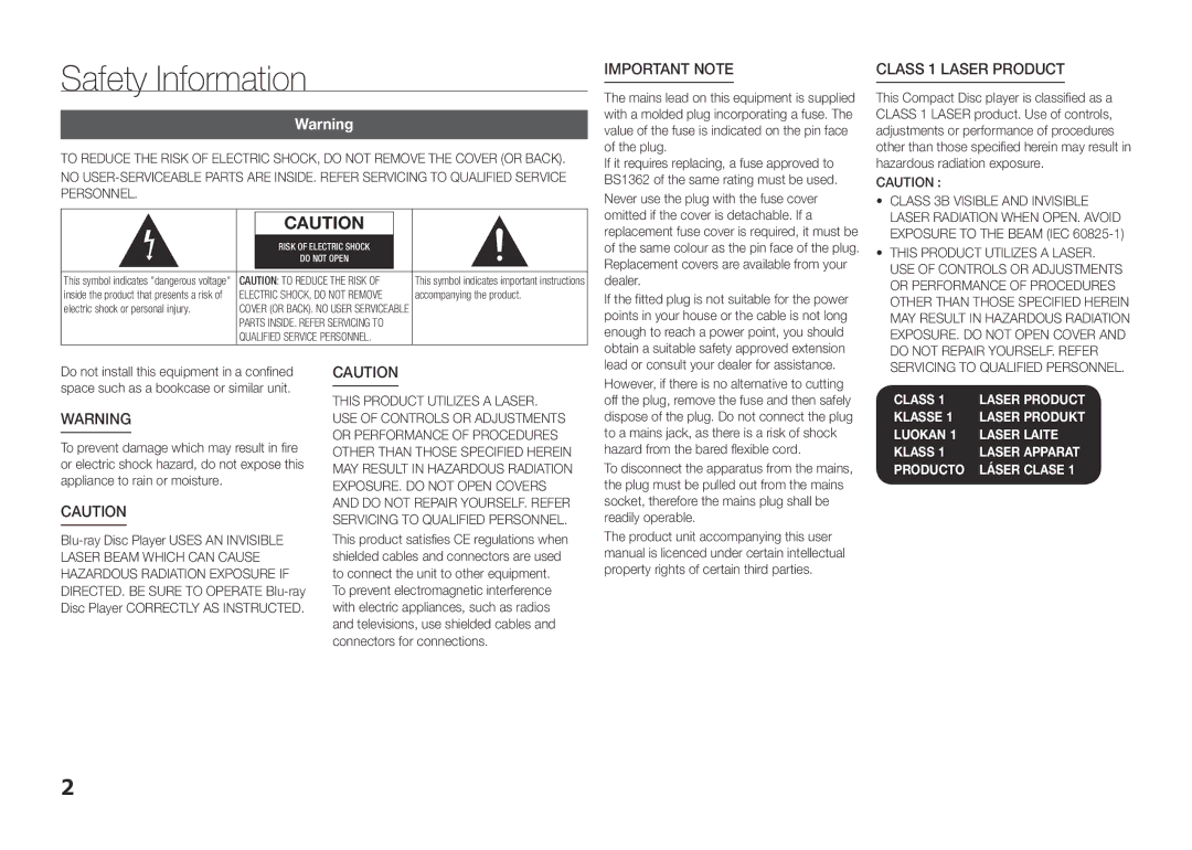 Samsung BD-F5500E/XE Safety Information, Class 1 Laser product, This product Utilizes a Laser, Accompanying the product 