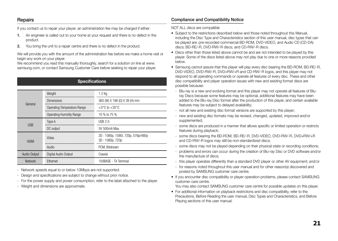 Samsung BD-F5500/EN, BD-F5500E/EN, BD-F5500E/XE, BD-F5500/XE Repairs, Specifications, Compliance and Compatibility Notice 