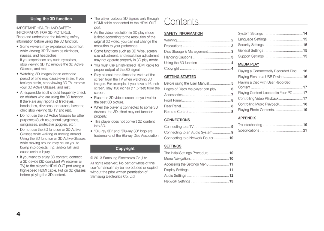 Samsung BD-F5500E/EN, BD-F5500/EN, BD-F5500E/XE, BD-F5500/XE manual Contents 