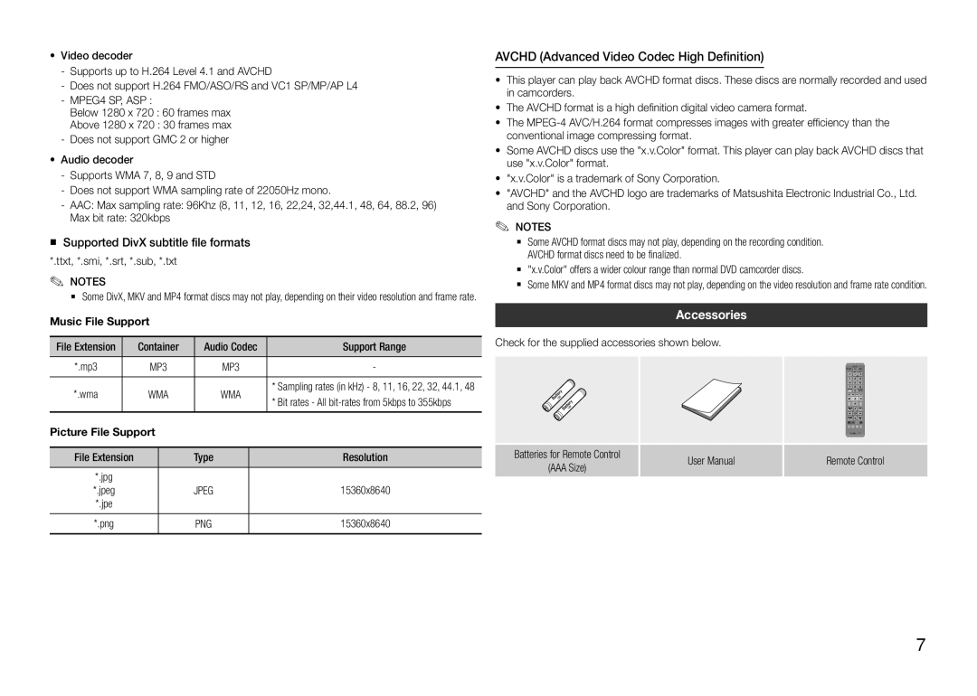 Samsung BD-F5500/XE Avchd Advanced Video Codec High Definition, Accessories, Ttxt, *.smi, *.srt, *.sub, *.txt Notes, Type 