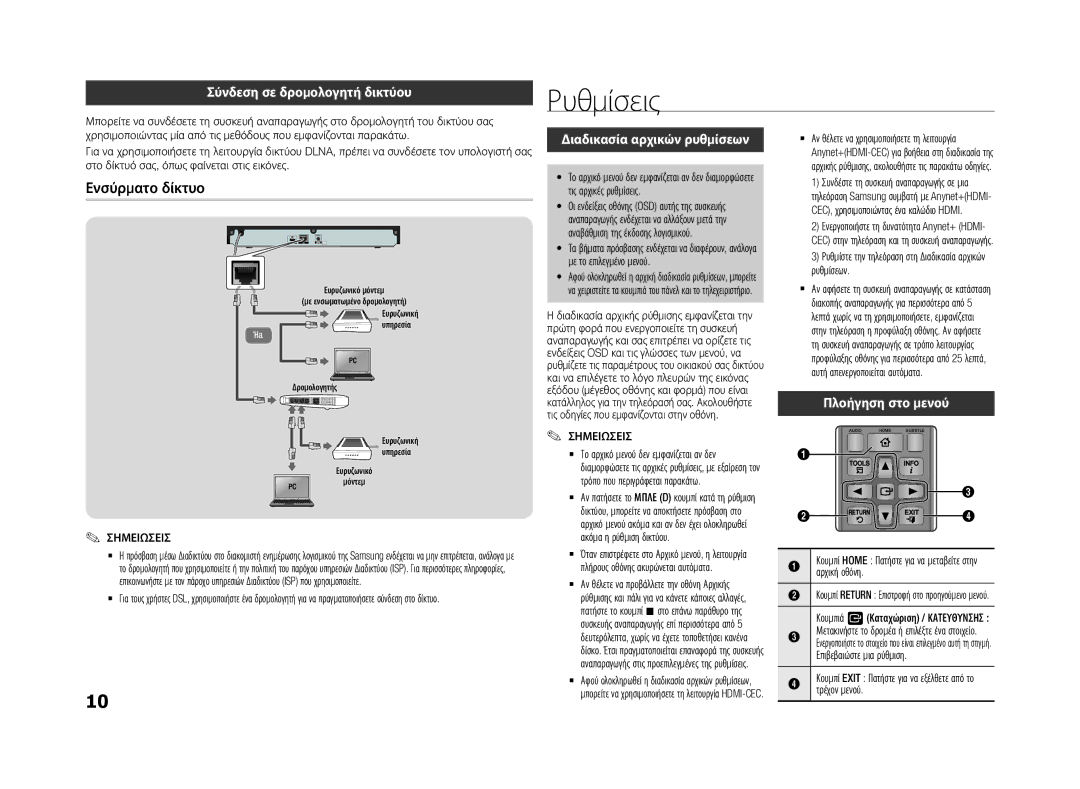 Samsung BD-F5500E/XE manual Ρυθμίσεις, Ενσύρματο δίκτυο, Σύνδεση σε δρομολογητή δικτύου, Διαδικασία αρχικών ρυθμίσεων 