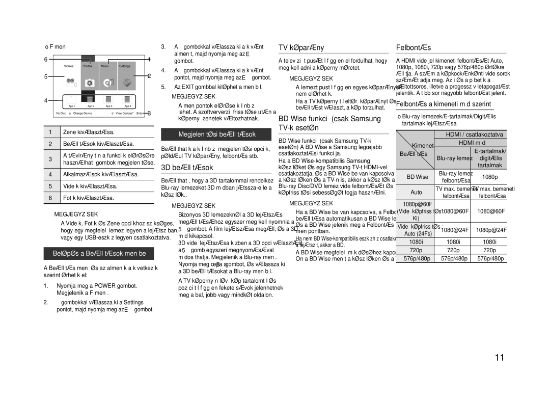 Samsung BD-F5500E/EN, BD-F5500/EN manual 3D beállítások, TV képarány, BD Wise funkció csak Samsung TV-k esetén, Felbontás 