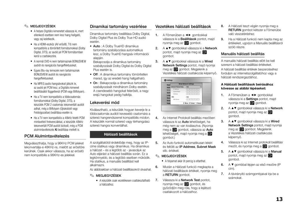 Samsung BD-F5500E/XE manual Dinamikai tartomány vezérlése, PCM Alulmintavételezés, Lekeverési mód, Hálózati beállítások 