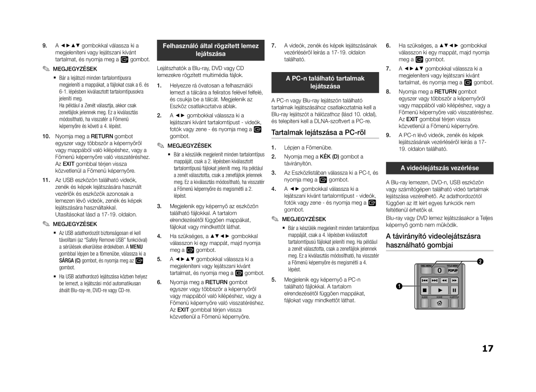 Samsung BD-F5500E/XE manual Tartalmak lejátszása a PC-ről, Távirányító videolejátszásra használható gombjai, Lejátszása 