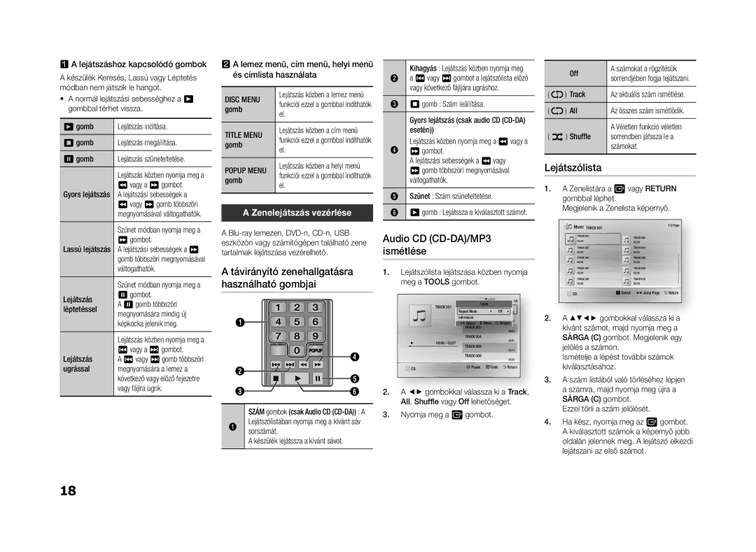 Samsung BD-F5500/XE manual Távirányító zenehallgatásra használható gombjai, Audio CD CD-DA/MP3 ismétlése, Lejátszólista 