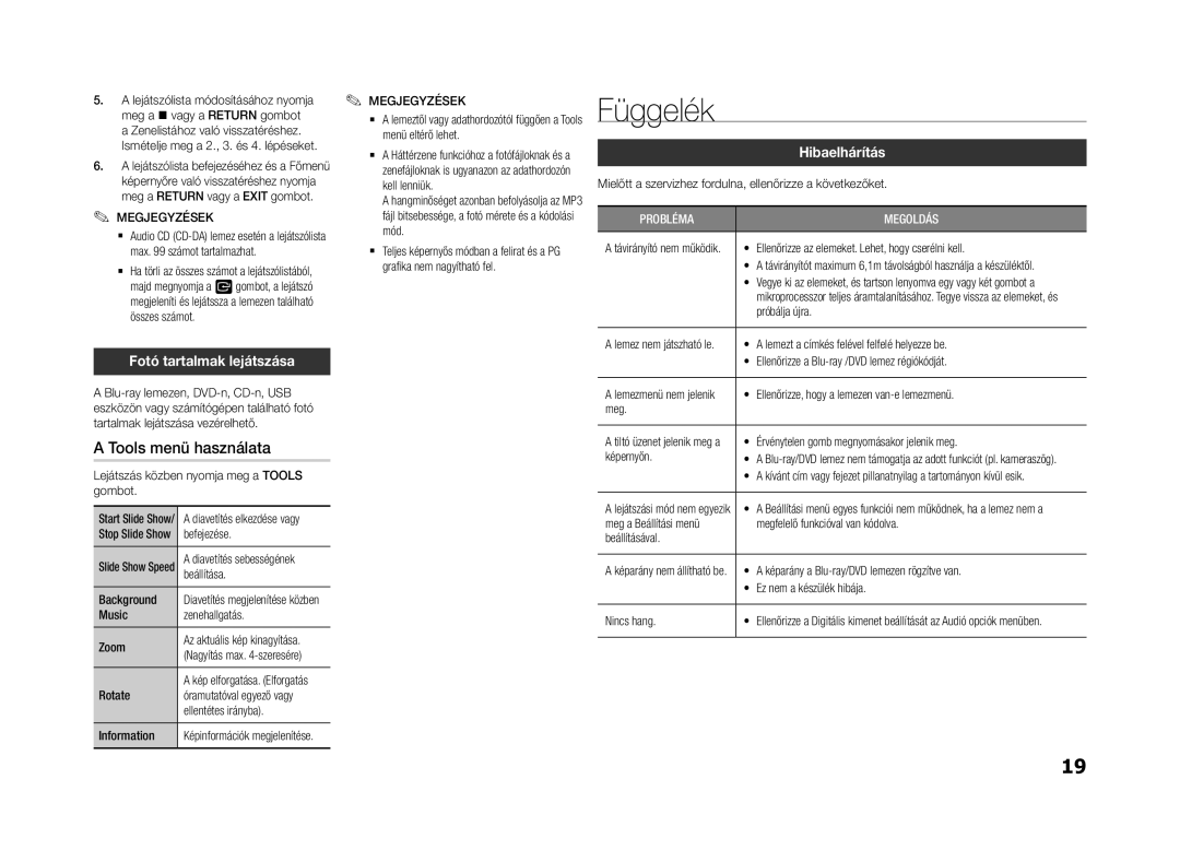 Samsung BD-F5500E/EN, BD-F5500/EN, BD-F5500E/XE Függelék, Tools menü használata, Fotó tartalmak lejátszása, Hibaelhárítás 