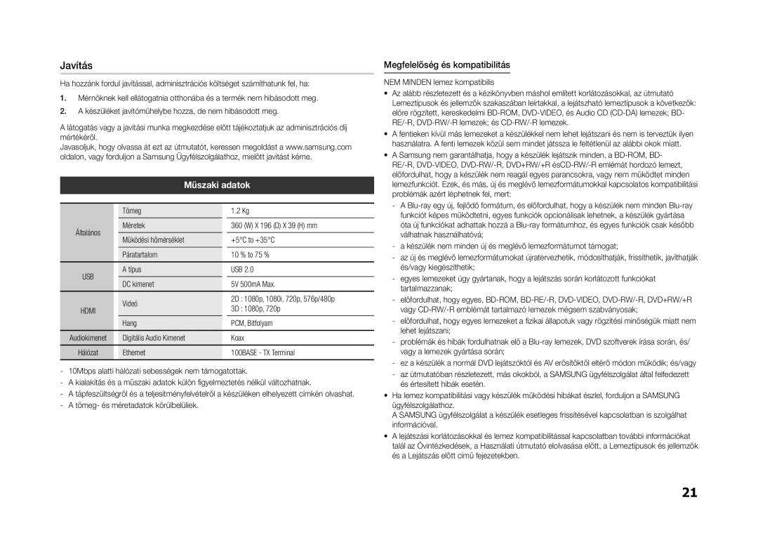 Samsung BD-F5500E/XE, BD-F5500E/EN, BD-F5500/EN, BD-F5500/XE manual Javítás, Műszaki adatok, Megfelelőség és kompatibilitás 