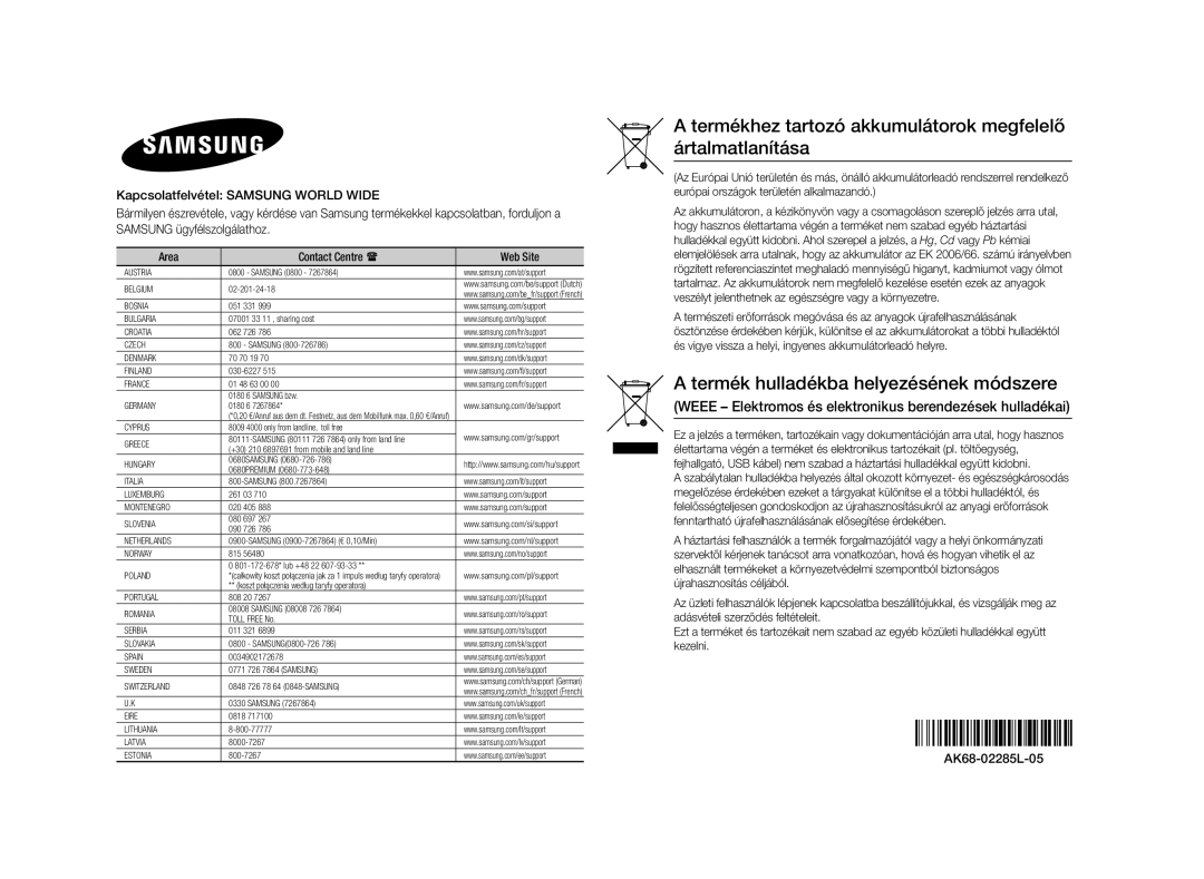 Samsung BD-F5500/EN, BD-F5500E/EN, BD-F5500E/XE, BD-F5500/XE manual Termékhez tartozó akkumulátorok megfelelő ártalmatlanítása 