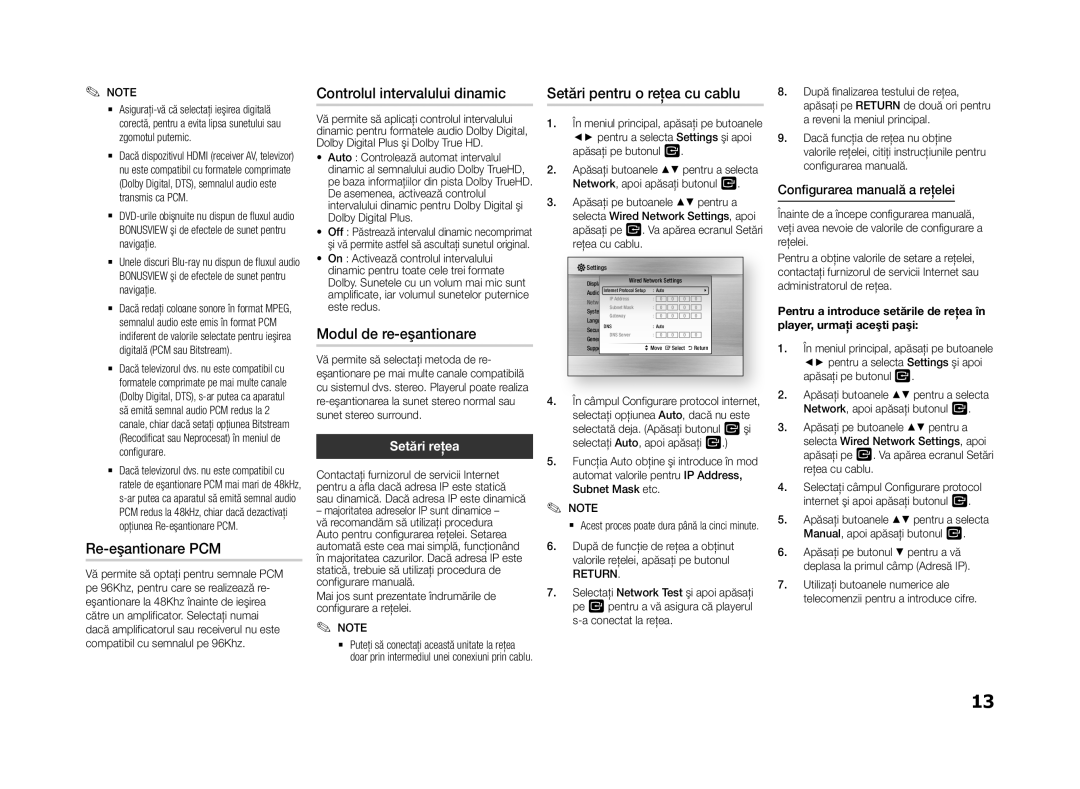 Samsung BD-F5500/EN manual Re-eşantionare PCM, Controlul intervalului dinamic, Modul de re-eşantionare, Setări reţea 