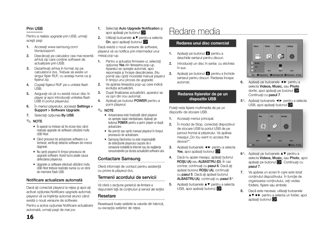 Samsung BD-F5500E/EN, BD-F5500/EN manual Contactare Samsung, Termenii acordului de servicii, Resetare, Prin USB 