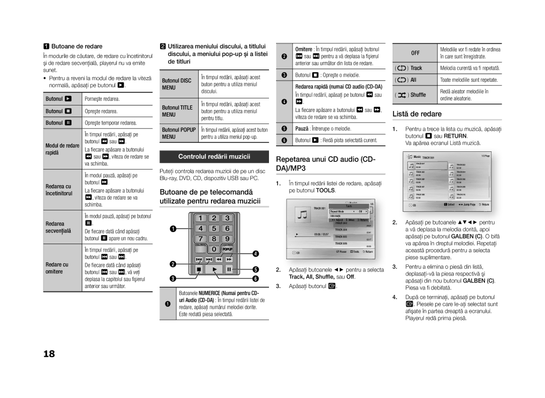 Samsung BD-F5500E/EN manual Listă de redare, Repetarea unui CD audio CD, Controlul redării muzicii, QqButoane de redare 