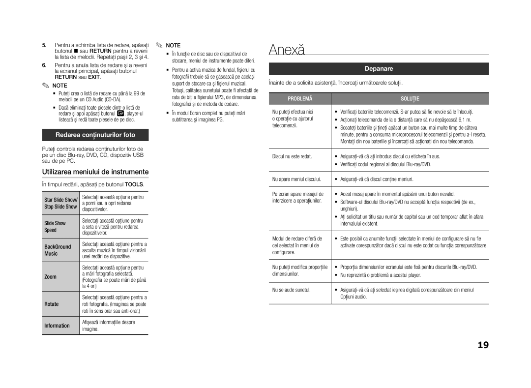 Samsung BD-F5500/EN, BD-F5500E/EN manual Anexă, Redarea conţinuturilor foto, Utilizarea meniului de instrumente, Depanare 