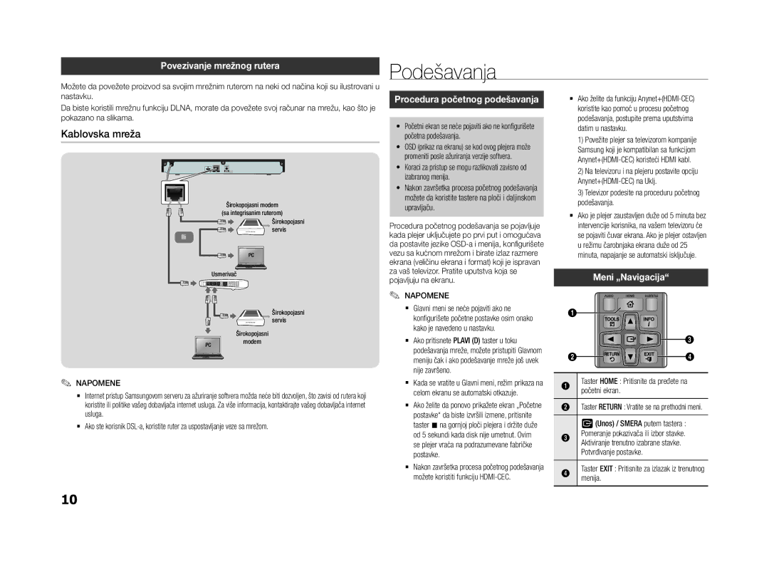 Samsung BD-F5500E/EN, BD-F5500/EN manual Podešavanja, Kablovska mreža, Povezivanje mrežnog rutera, Meni „Navigacija 