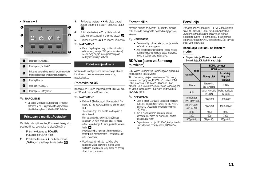 Samsung BD-F5500/EN, BD-F5500E/EN manual Postavke za 3D, Format slike, BD Wise samo za Samsung televizore, Rezolucija 