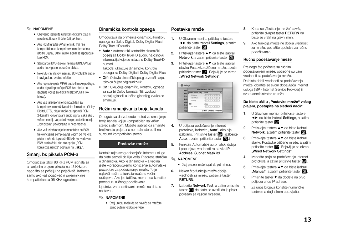 Samsung BD-F5500/EN Smanj. br. piksela PCM-a, Dinamička kontrola opsega, Režim smanjivanja broja kanala, Postavke mreže 