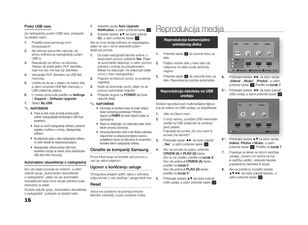 Samsung BD-F5500E/EN, BD-F5500/EN Reprodukcija medija, Obratite se kompaniji Samsung, Ugovor o korišćenju usluge, Reset 