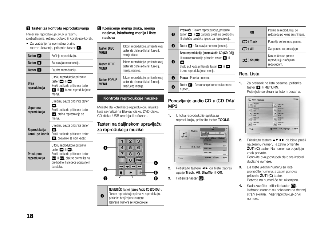Samsung BD-F5500E/EN, BD-F5500/EN manual Ponavljanje audio CD-a CD-DA/ MP3, Rep. Lista, Kontrola reprodukcije muzike 