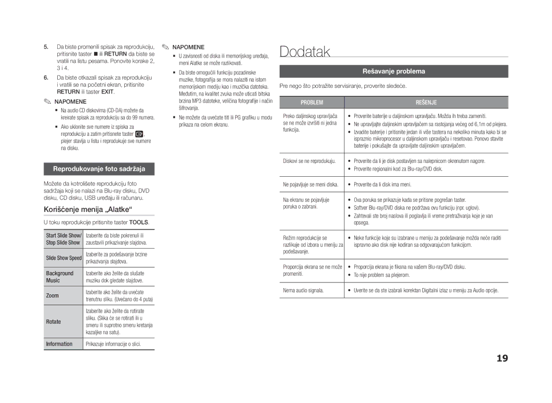 Samsung BD-F5500/EN, BD-F5500E/EN Dodatak, Korišćenje menija „Alatke, Reprodukovanje foto sadržaja, Rešavanje problema 