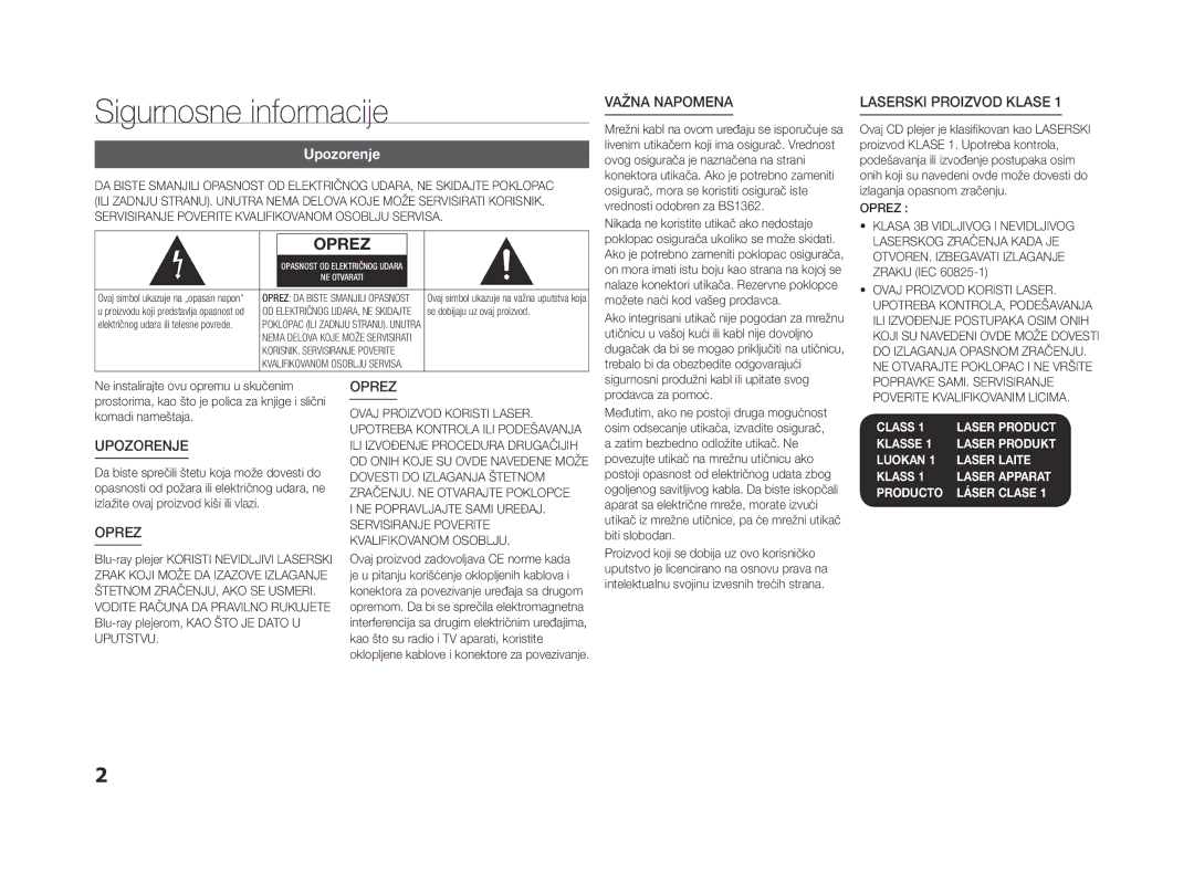 Samsung BD-F5500E/EN, BD-F5500/EN manual Sigurnosne informacije, Upozorenje 