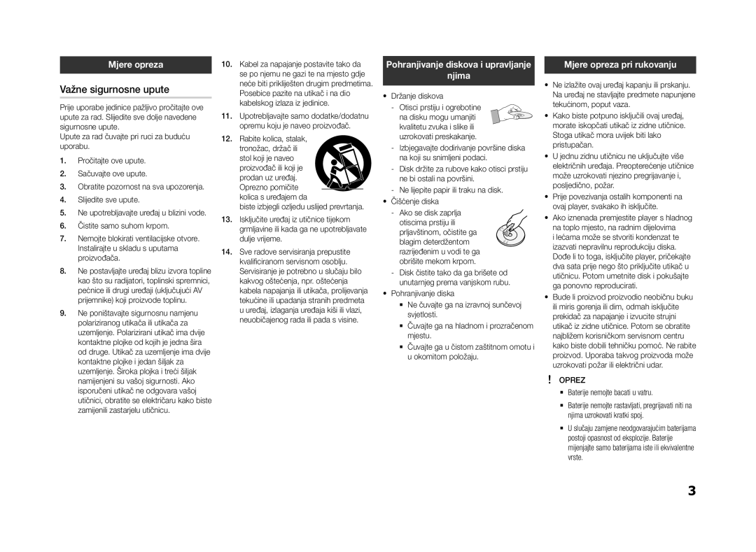 Samsung BD-F5500/EN, BD-F5500E/EN manual Važne sigurnosne upute, Njima, Mjere opreza pri rukovanju 