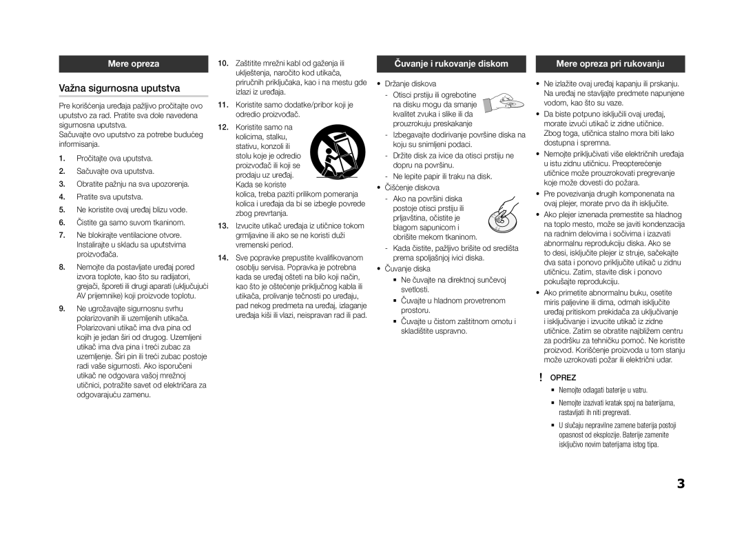 Samsung BD-F5500/EN, BD-F5500E/EN Važna sigurnosna uputstva, Čuvanje i rukovanje diskom, Mere opreza pri rukovanju 