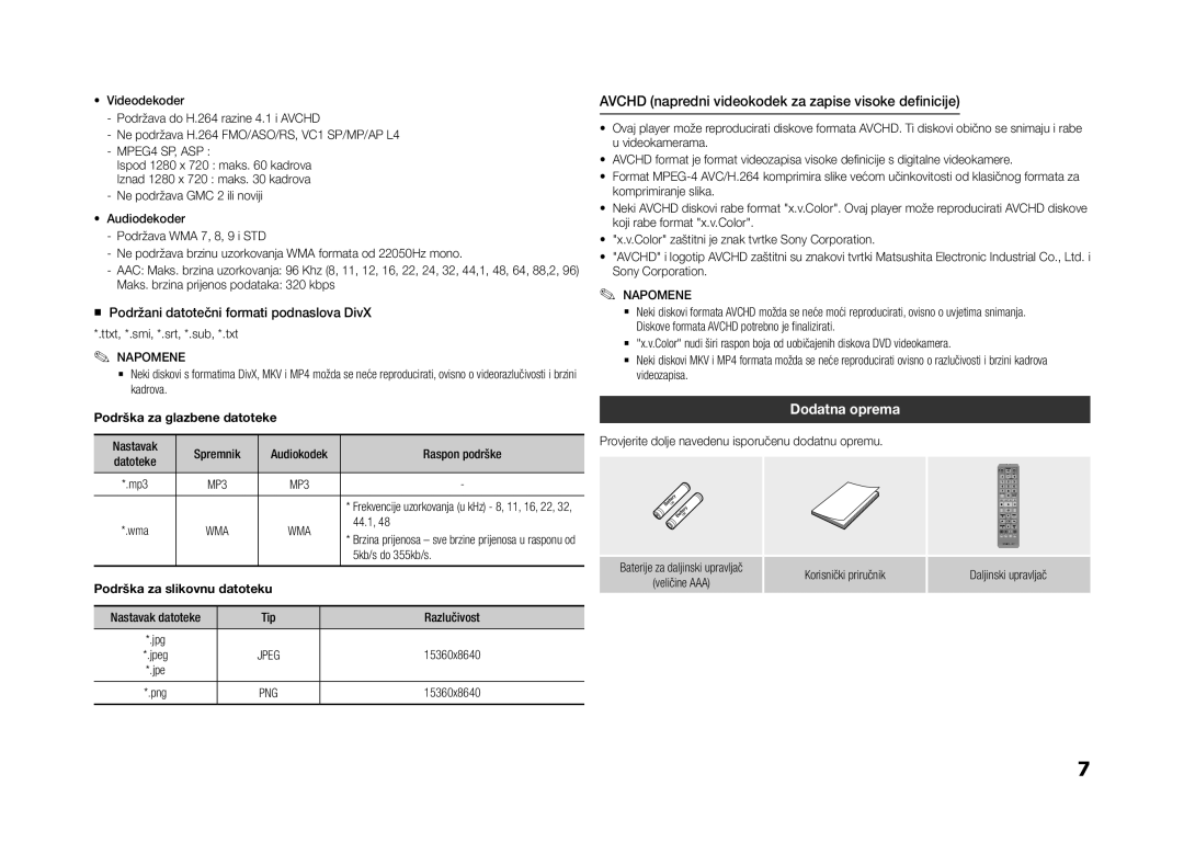 Samsung BD-F5500/EN Avchd napredni videokodek za zapise visoke definicije, Dodatna oprema, Podrška za glazbene datoteke 