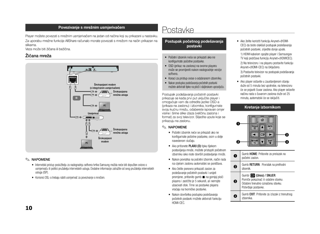 Samsung BD-F5500E/EN manual Postavke, Žičana mreža, Povezivanje s mrežnim usmjerivačem, Postavki, Kretanje izbornikom 