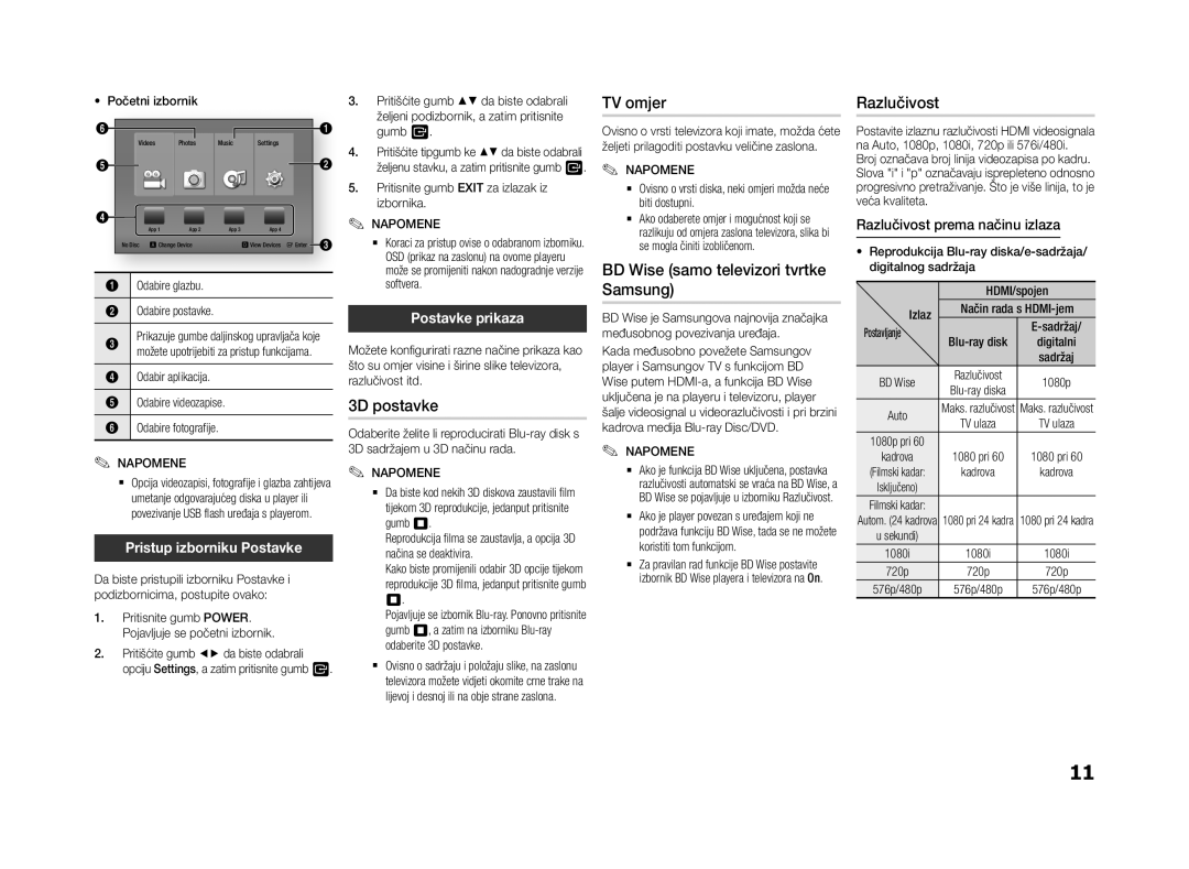 Samsung BD-F5500/EN, BD-F5500E/EN manual 3D postavke, TV omjer, BD Wise samo televizori tvrtke Samsung, Razlučivost 