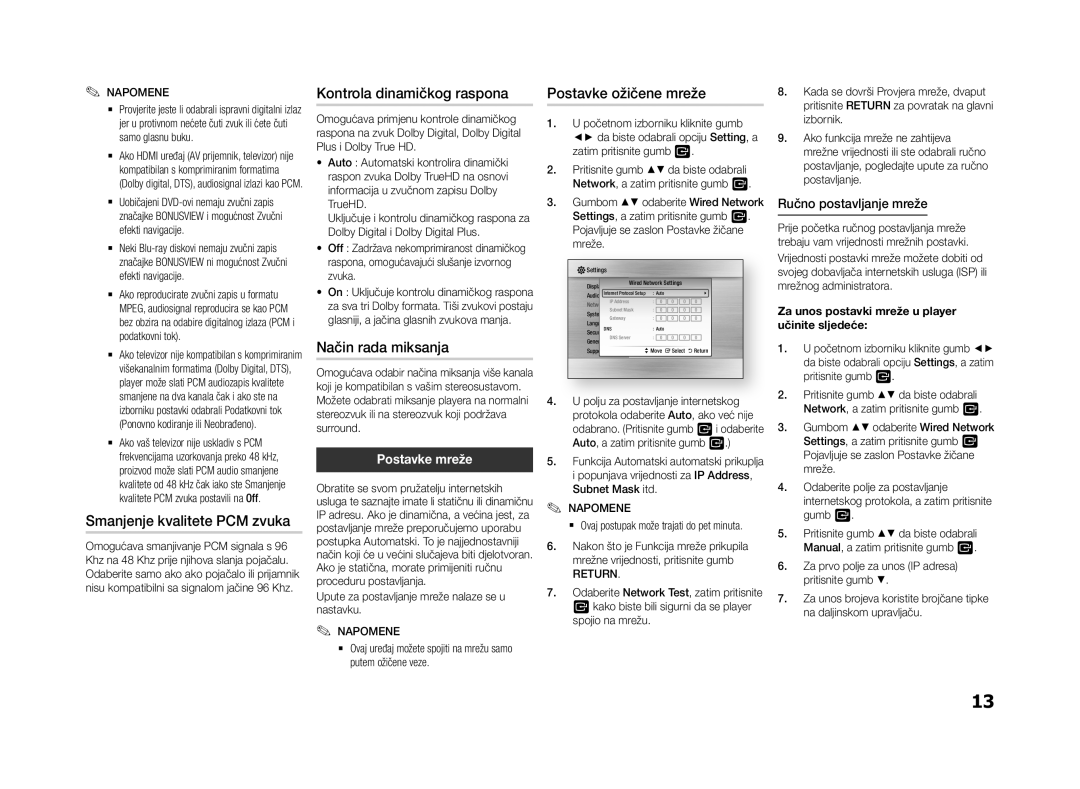 Samsung BD-F5500/EN, BD-F5500E/EN manual Smanjenje kvalitete PCM zvuka, Kontrola dinamičkog raspona, Način rada miksanja 