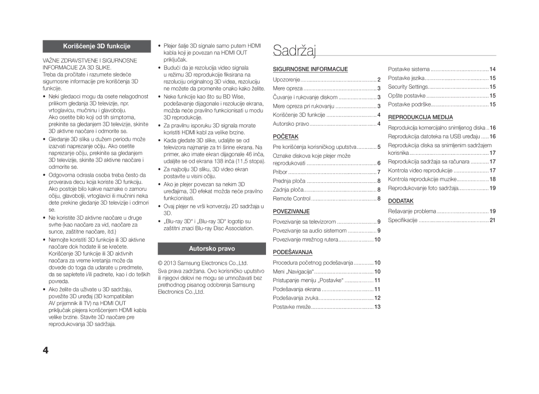 Samsung BD-F5500E/EN, BD-F5500/EN manual Sadržaj, Korišćenje 3D funkcije, Autorsko pravo 