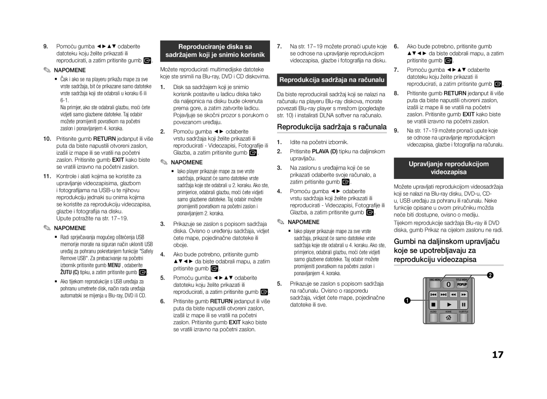 Samsung BD-F5500/EN manual Reproduciranje diska sa, Reprodukcija sadržaja s računala, Upravljanje reprodukcijom Videozapisa 