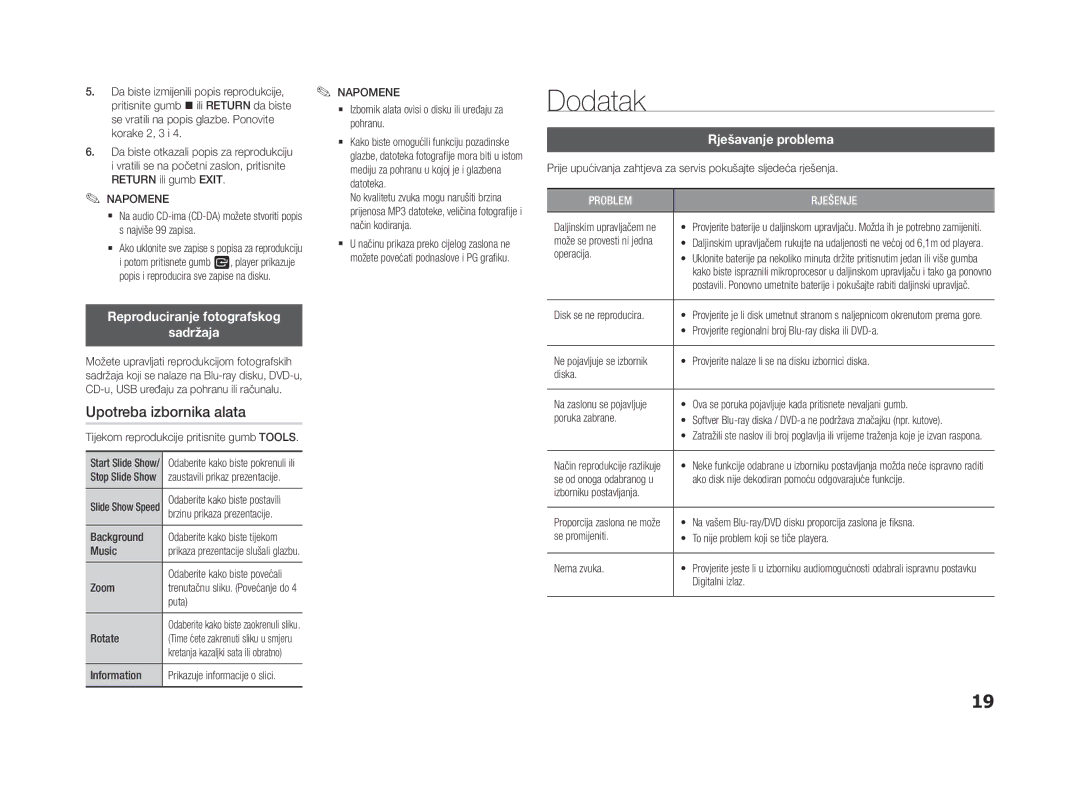 Samsung BD-F5500/EN, BD-F5500E/EN manual Upotreba izbornika alata, Reproduciranje fotografskog Sadržaja, Rješavanje problema 