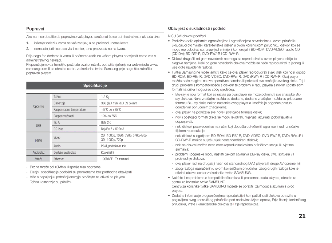 Samsung BD-F5500/EN, BD-F5500E/EN manual Popravci, Obavijest o sukladnosti i podršci 