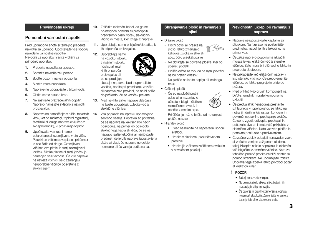 Samsung BD-F5500/EN, BD-F5500E/EN Pomembni varnostni napotki, Previdnostni ukrepi, Shranjevanje plošč in ravnanje z Njimi 