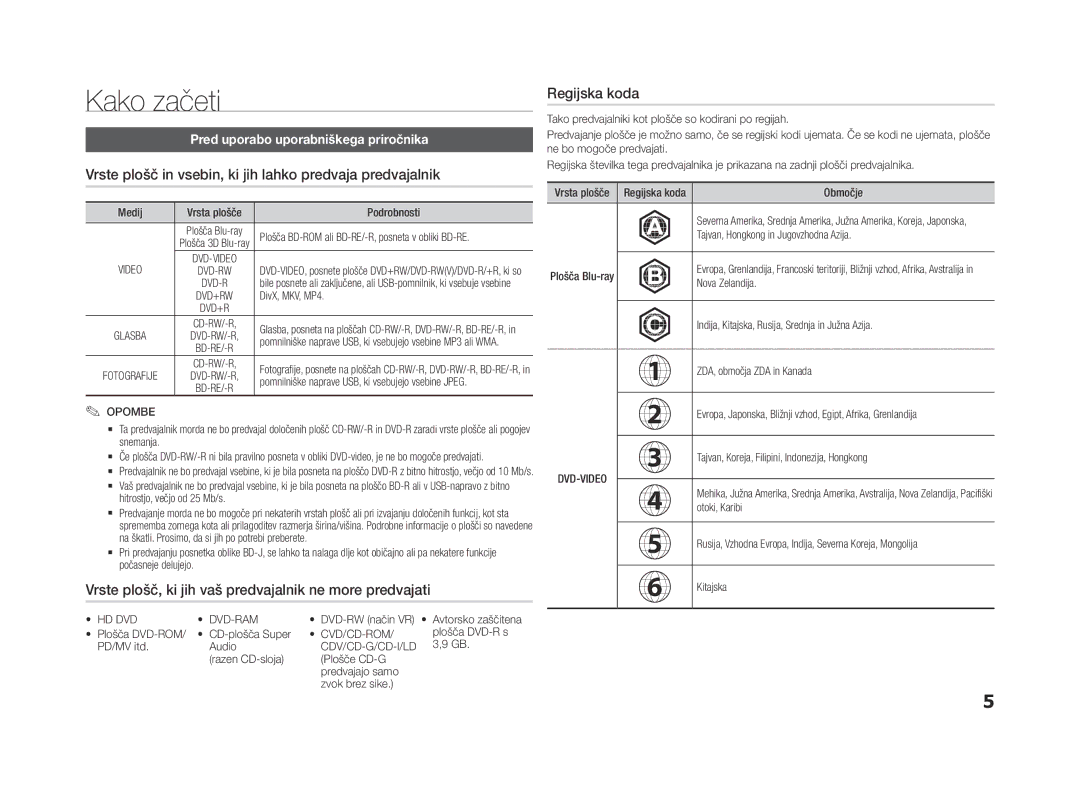 Samsung BD-F5500/EN, BD-F5500E/EN manual Kako začeti, Vrste plošč in vsebin, ki jih lahko predvaja predvajalnik 