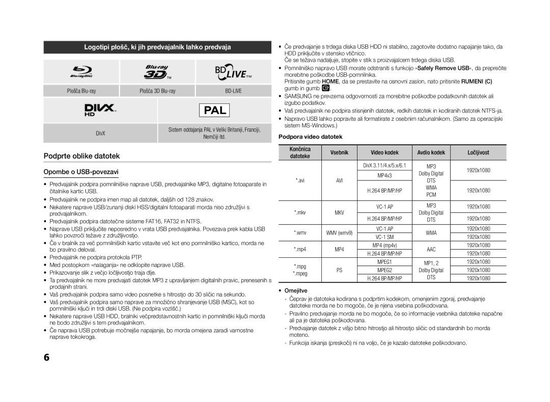 Samsung BD-F5500E/EN Podprte oblike datotek, Logotipi plošč, ki jih predvajalnik lahko predvaja, Opombe o USB-povezavi 