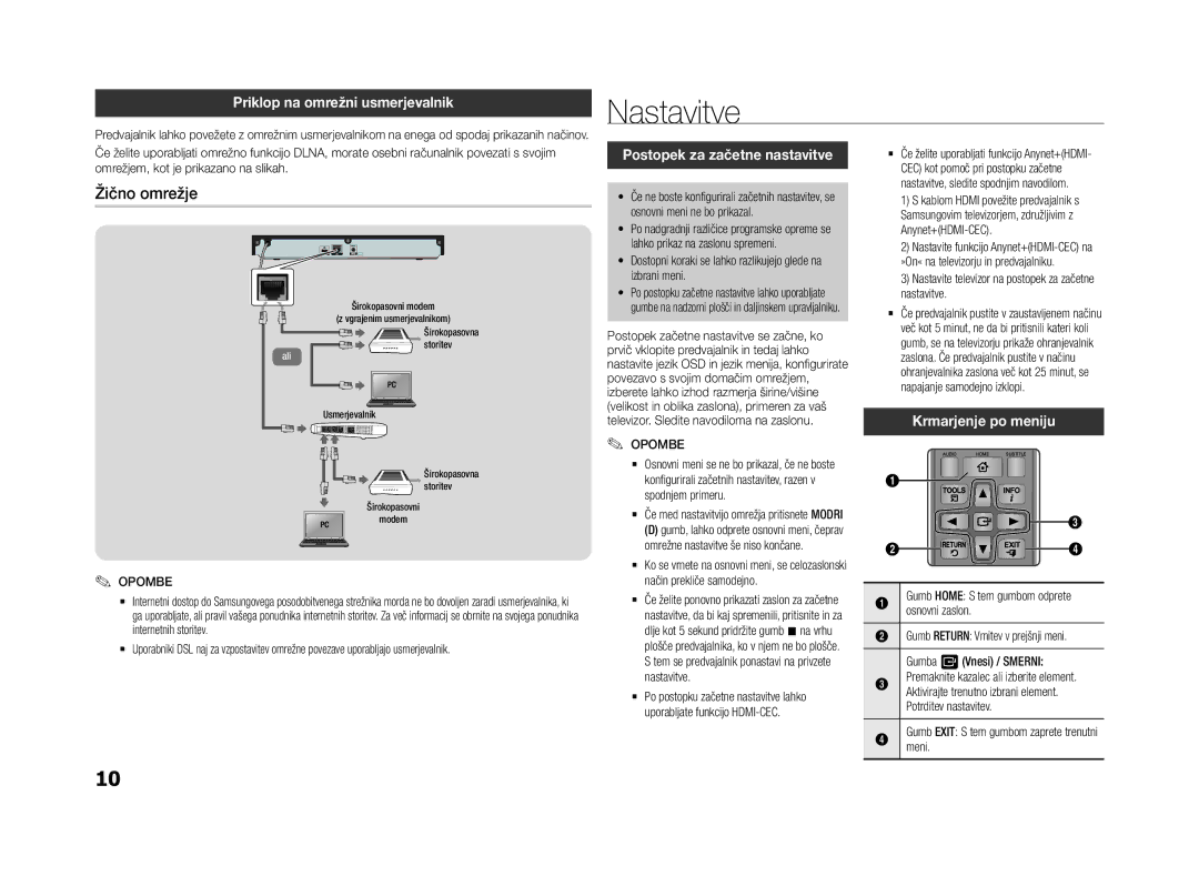 Samsung BD-F5500E/EN manual Nastavitve, Žično omrežje, Priklop na omrežni usmerjevalnik, Postopek za začetne nastavitve 