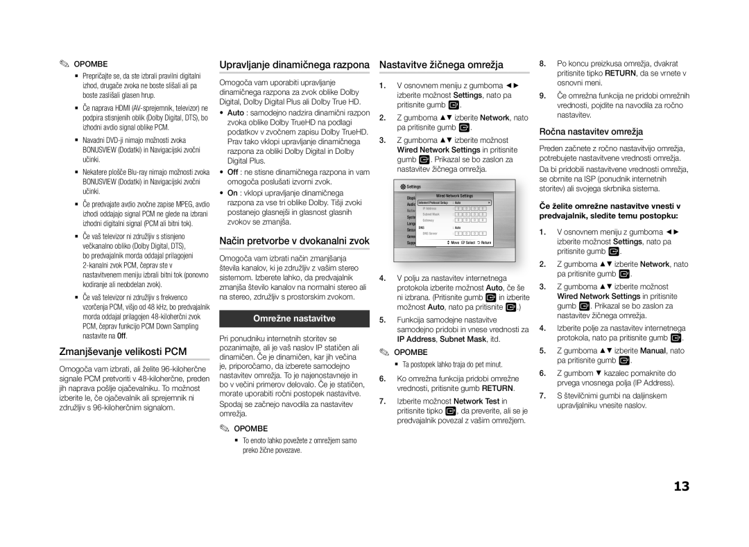 Samsung BD-F5500/EN, BD-F5500E/EN Upravljanje dinamičnega razpona Nastavitve žičnega omrežja, Zmanjševanje velikosti PCM 