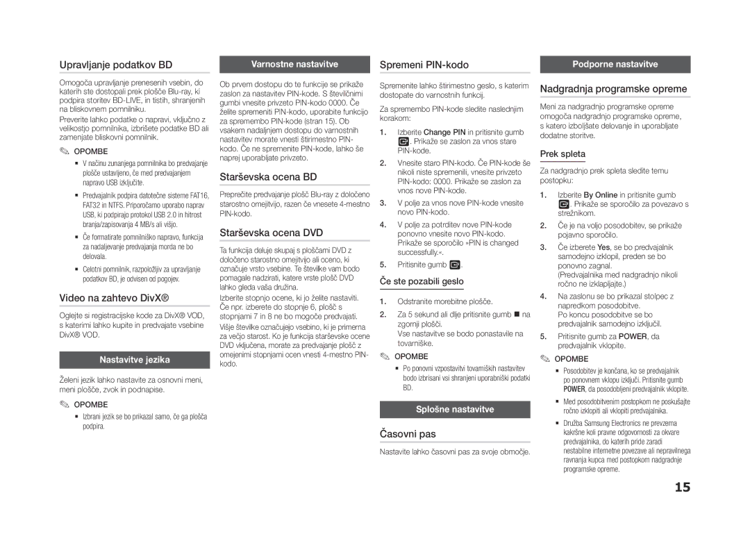 Samsung BD-F5500/EN, BD-F5500E/EN Upravljanje podatkov BD, Video na zahtevo DivX, Spremeni PIN-kodo, Starševska ocena BD 