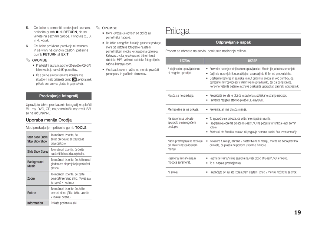 Samsung BD-F5500/EN, BD-F5500E/EN manual Priloga, Uporaba menija Orodja, Predvajanje fotografij, Odpravljanje napak 