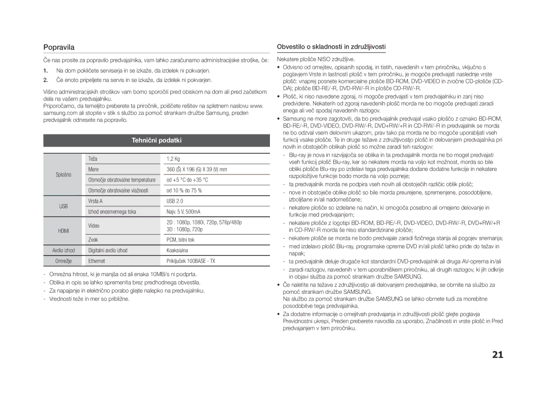 Samsung BD-F5500/EN, BD-F5500E/EN manual Popravila, Tehnični podatki, Obvestilo o skladnosti in združljivosti 