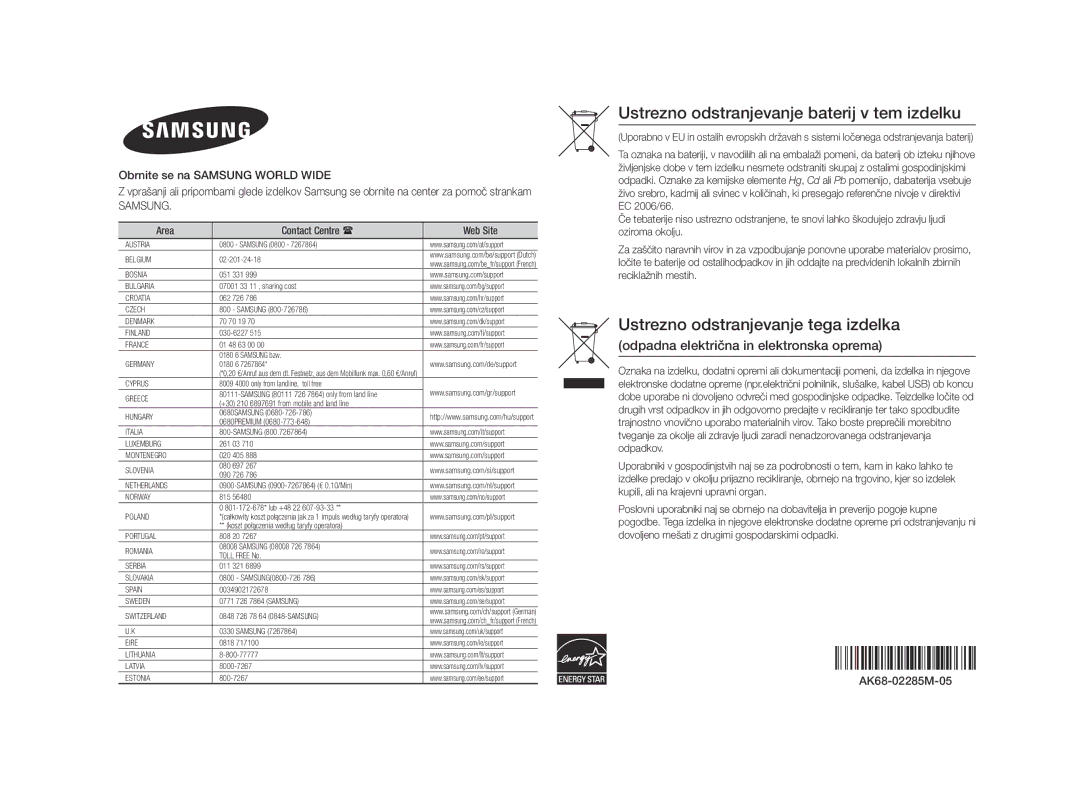 Samsung BD-F5500/EN, BD-F5500E/EN manual Obrnite se na Samsung World Wide, Area Contact Centre  Web Site 