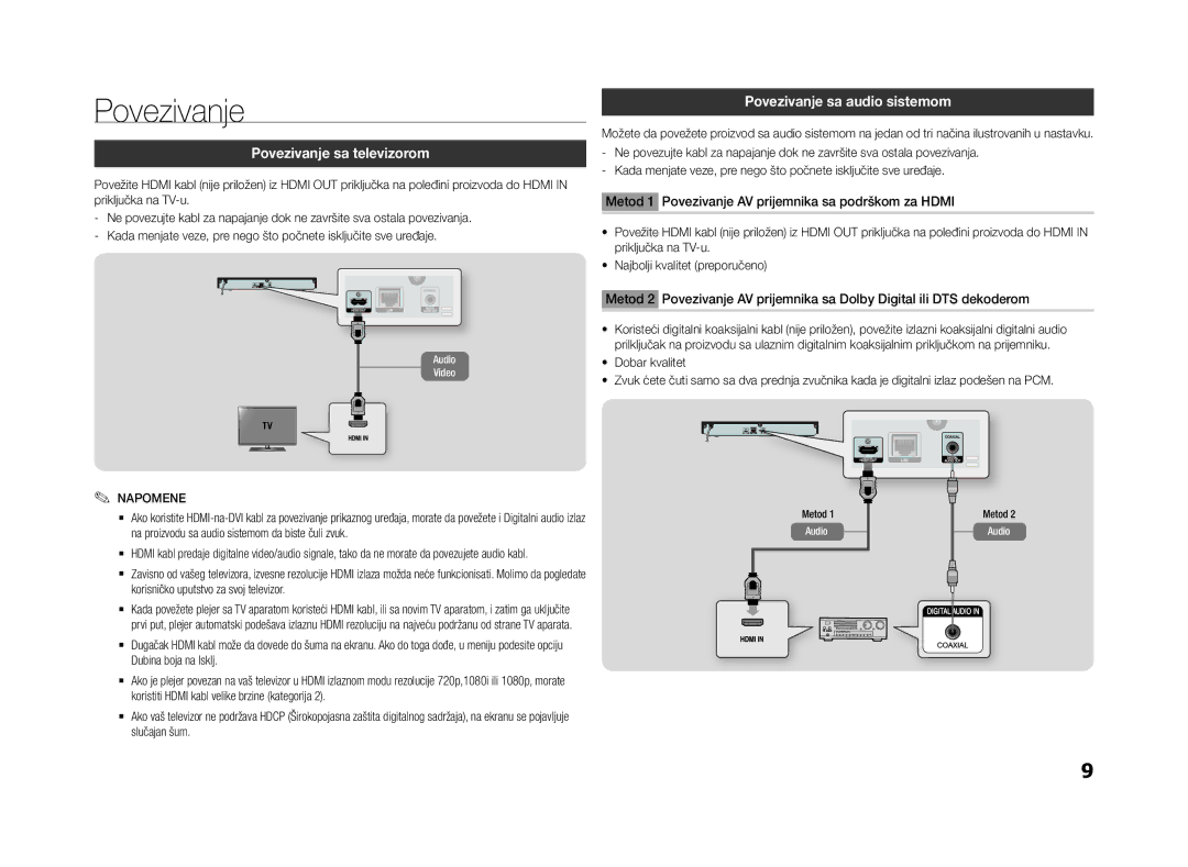 Samsung BD-F5500/EN, BD-F5500E/EN manual Povezivanje sa televizorom, Povezivanje sa audio sistemom, Metod 