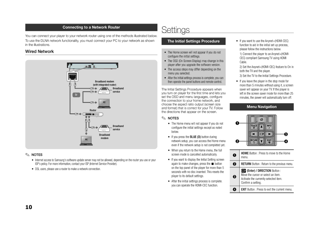 Samsung BD-F5500/EN manual Wired Network, Connecting to a Network Router, Initial Settings Procedure, Menu Navigation 