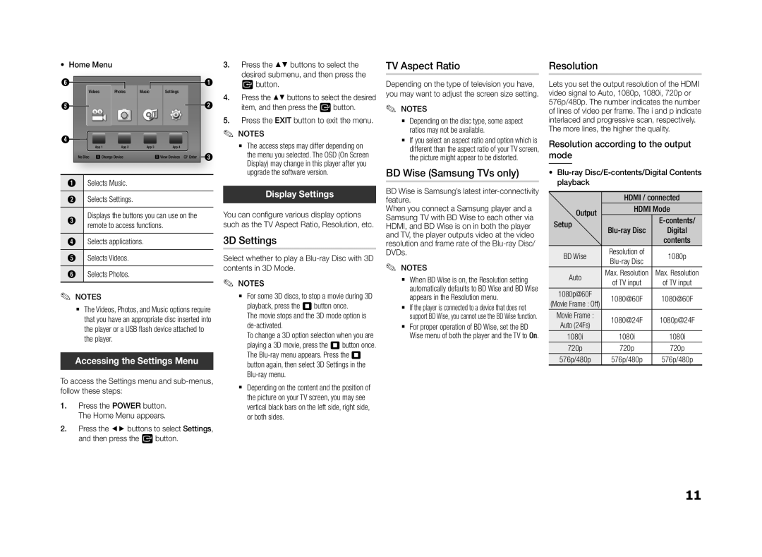 Samsung BD-F5500/XN, BD-F5500E/EN, BD-F5500/TK manual 3D Settings, TV Aspect Ratio, BD Wise Samsung TVs only, Resolution 